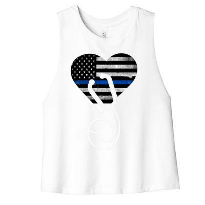 American Flag Heart With Police Thin Blue Line Nurse Rn Lvn Women's Racerback Cropped Tank