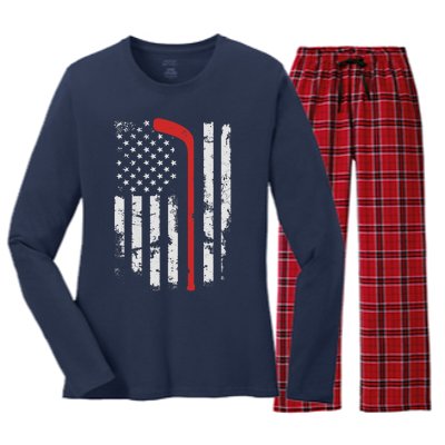 American Flag Hockey USA Patriotic Hockey Player Boy Women's Long Sleeve Flannel Pajama Set 