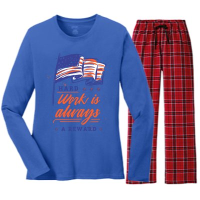 American Flag Hard Work Is Always Reward Labor Day Usa Gift Women's Long Sleeve Flannel Pajama Set 