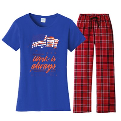 American Flag Hard Work Is Always Reward Labor Day Usa Gift Women's Flannel Pajama Set