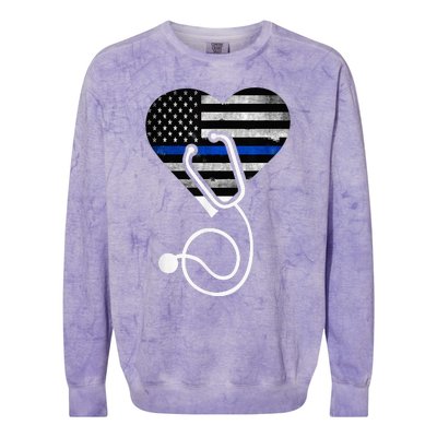 American Flag Heart with Police Thin Blue Line Nurse RN LVN Colorblast Crewneck Sweatshirt