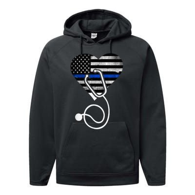 American Flag Heart with Police Thin Blue Line Nurse RN LVN Performance Fleece Hoodie