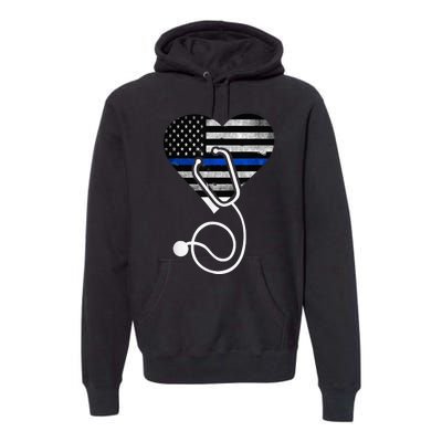 American Flag Heart with Police Thin Blue Line Nurse RN LVN Premium Hoodie