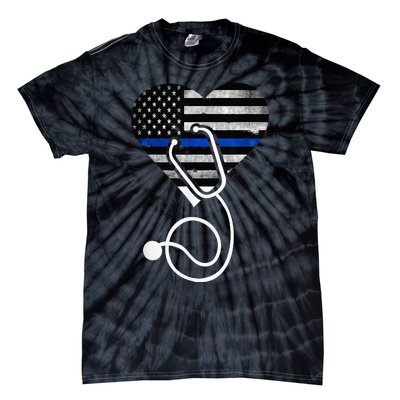 American Flag Heart with Police Thin Blue Line Nurse RN LVN Tie-Dye T-Shirt