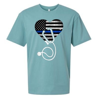 American Flag Heart with Police Thin Blue Line Nurse RN LVN Sueded Cloud Jersey T-Shirt