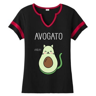 Avogato Funny Hola Retro Cat Avocado Cinco De Mayo Ladies Halftime Notch Neck Tee