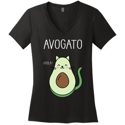 Avogato Funny Hola Retro Cat Avocado Cinco De Mayo Women's V-Neck T-Shirt