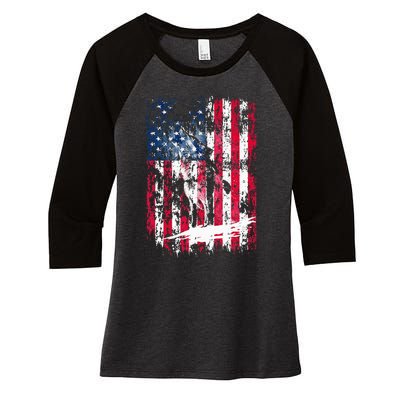 American Flag Howling Wolf Distressed Vintage Flag Women's Tri-Blend 3/4-Sleeve Raglan Shirt