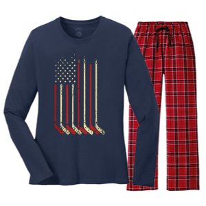 American Flag Hockey USA Patriotic Gift Women's Long Sleeve Flannel Pajama Set 