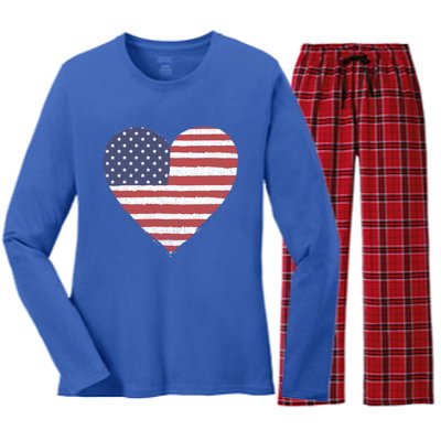 American Flag Heart Stars And Stripes Graphic Gift Women's Long Sleeve Flannel Pajama Set 