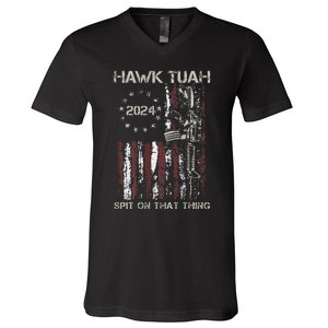 American Flag Hawk Tuah 24 Spit On That Thang V-Neck T-Shirt