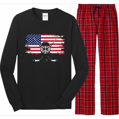 American Flag Hockey Hockey Gift Long Sleeve Pajama Set