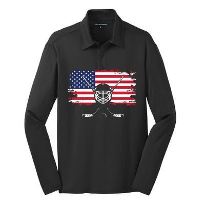 American Flag Hockey Hockey Gift Silk Touch Performance Long Sleeve Polo