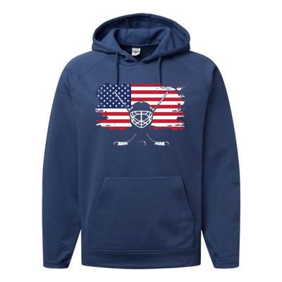 American Flag Hockey Hockey Gift Performance Fleece Hoodie