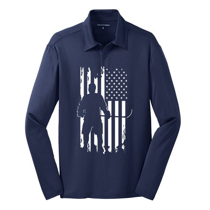 American Flag Hockey USA Patriotic Gift Silk Touch Performance Long Sleeve Polo