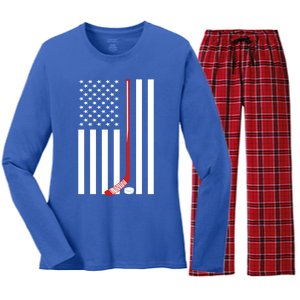 American Flag Ice Hockey Usa Patriotic Gift Player Gift Women's Long Sleeve Flannel Pajama Set 