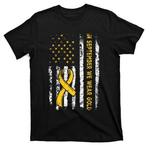 American Flag In September We Wear Gold Childhood Cancer T-Shirt