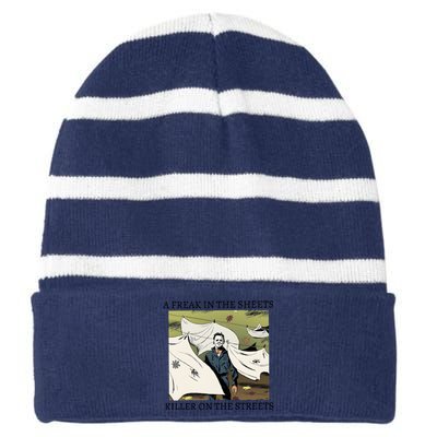 A Freak In The Sheets Killer On The Streets Halloween Striped Beanie with Solid Band