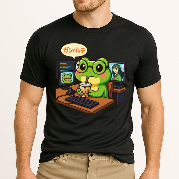 Anime Frog It Geek Otaku Coding Desk Boba Lover Cooling Performance Crew T-Shirt