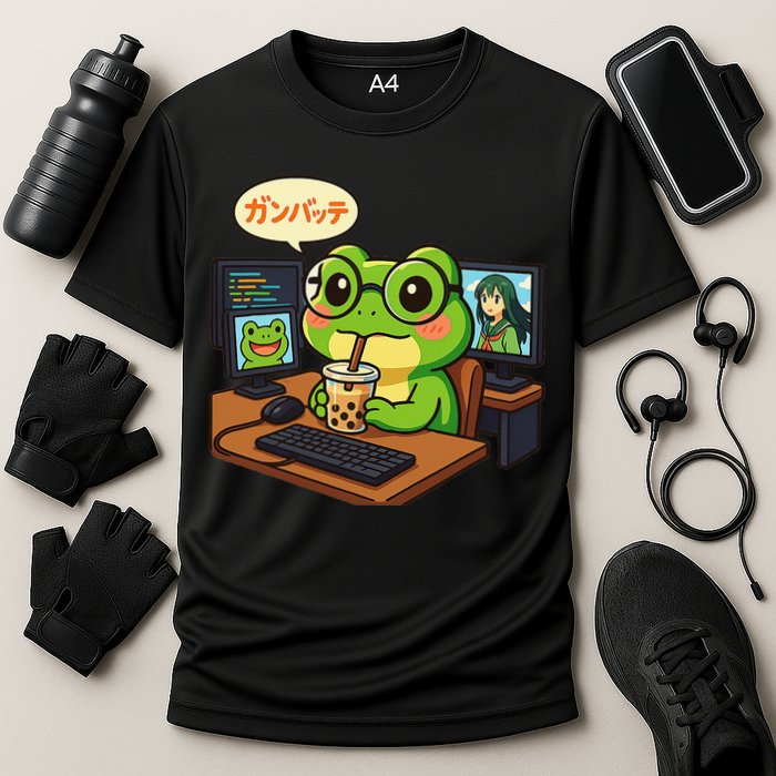 Anime Frog It Geek Otaku Coding Desk Boba Lover Cooling Performance Crew T-Shirt