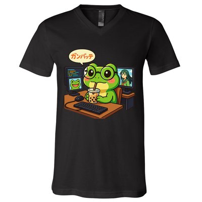 Anime Frog It Geek Otaku Coding Desk Boba Lover V-Neck T-Shirt
