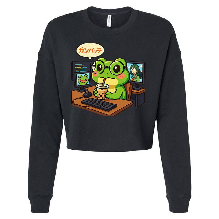 Anime Frog It Geek Otaku Coding Desk Boba Lover Cropped Pullover Crew