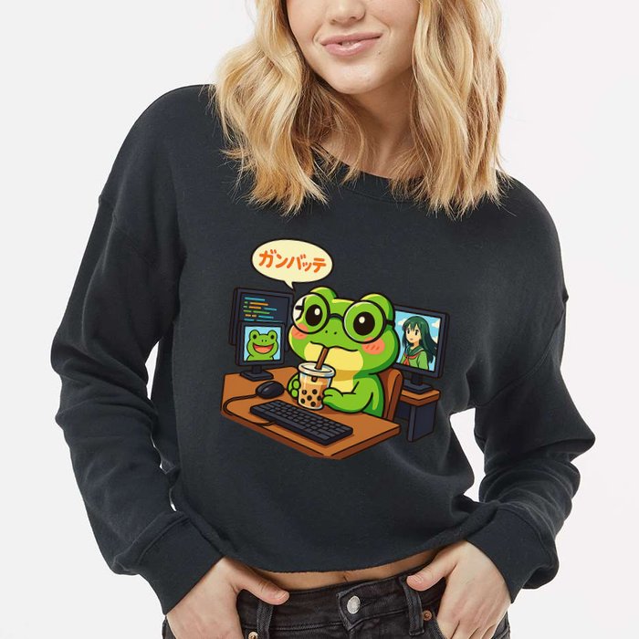 Anime Frog It Geek Otaku Coding Desk Boba Lover Cropped Pullover Crew