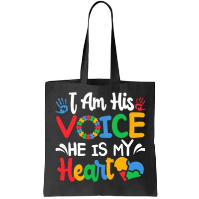 Autism Fathering I am His Voice He Is My Heart Autism Mom Tote Bag