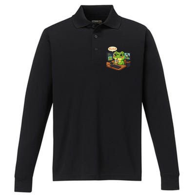 Anime Frog It Geek Otaku Coding Desk Boba Lover Performance Long Sleeve Polo