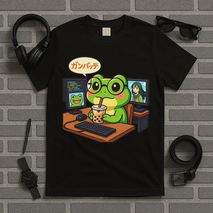 Anime Frog It Geek Otaku Coding Desk Boba Lover T-Shirt