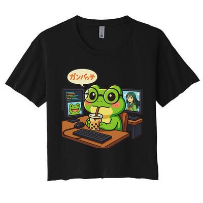 Anime Frog It Geek Otaku Coding Desk Boba Lover Women's Crop Top Tee
