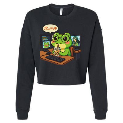 Anime Frog It Geek Otaku Coding Desk Boba Lover Cropped Pullover Crew