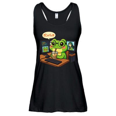 Anime Frog IT Geek Otaku Coding Desk Boba Lover Ladies Essential Flowy Tank