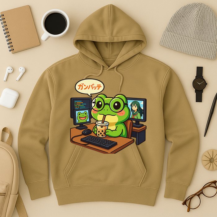 Anime Frog IT Geek Otaku Coding Desk Boba Lover Hoodie