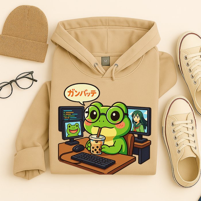 Anime Frog IT Geek Otaku Coding Desk Boba Lover Hoodie