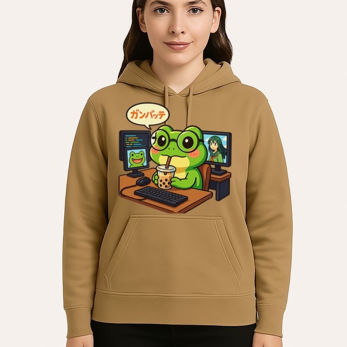 Anime Frog IT Geek Otaku Coding Desk Boba Lover Hoodie