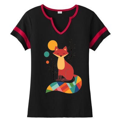 Abstract Fox Illustration Pattern Ladies Halftime Notch Neck Tee