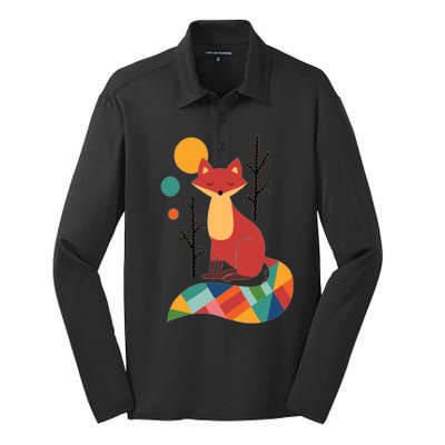 Abstract Fox Illustration Pattern Silk Touch Performance Long Sleeve Polo