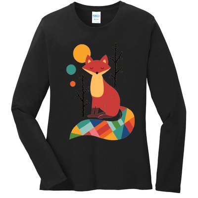 Abstract Fox Illustration Pattern Ladies Long Sleeve Shirt