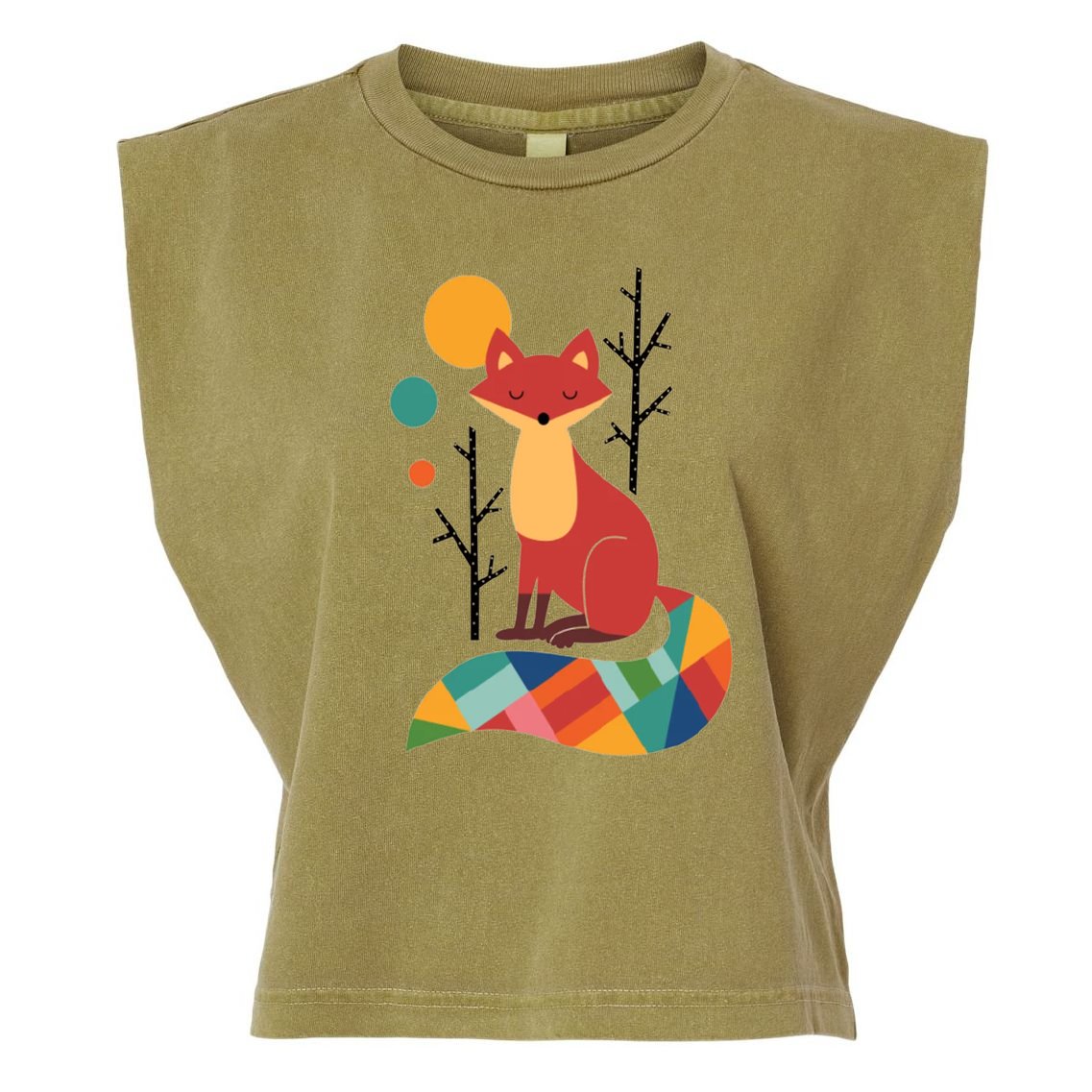 Abstract Fox Illustration Pattern Garment-Dyed Women's Muscle Tee