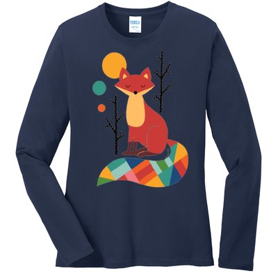 Abstract Fox Illustration Pattern Ladies Long Sleeve Shirt