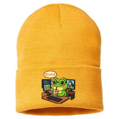 Anime Frog IT Geek Otaku Coding Desk Boba Lover  Sustainable Knit Beanie