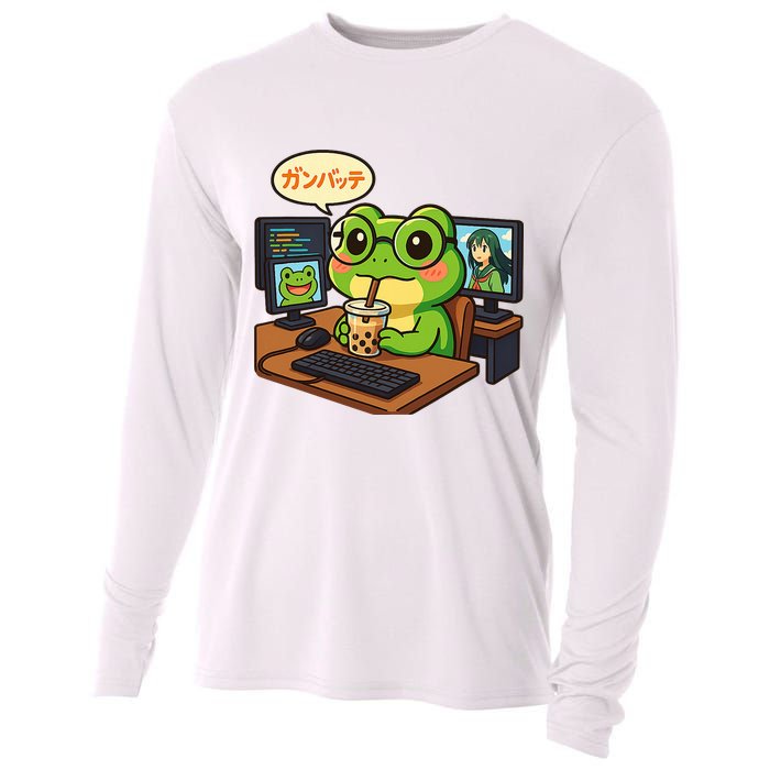 Anime Frog IT Geek Otaku Coding Desk Boba Lover  Cooling Performance Long Sleeve Crew