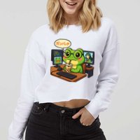 Anime Frog IT Geek Otaku Coding Desk Boba Lover  Cropped Pullover Crew