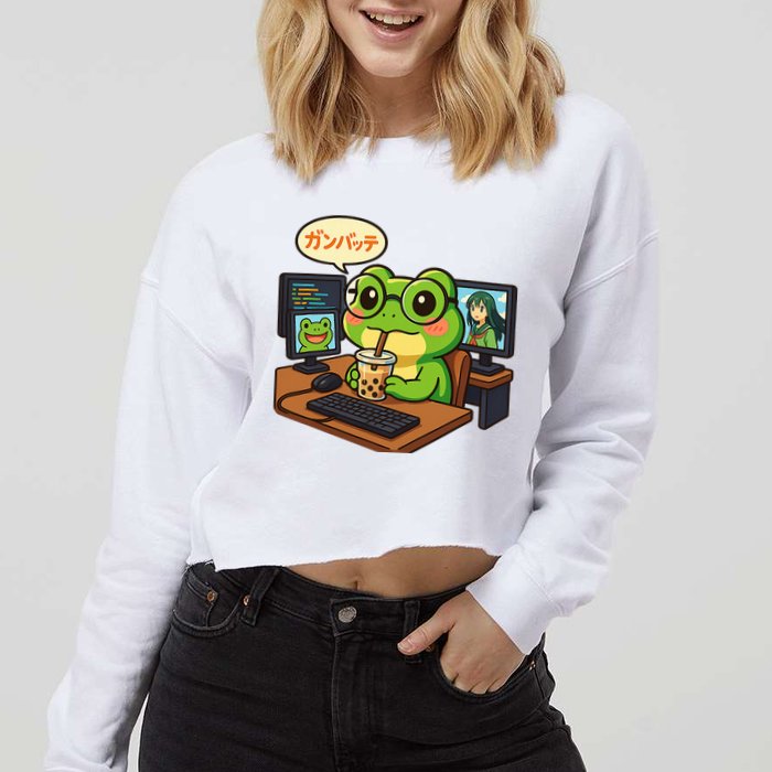 Anime Frog IT Geek Otaku Coding Desk Boba Lover  Cropped Pullover Crew