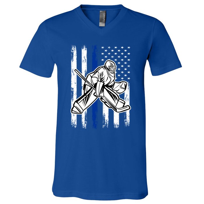 American Flag Ice Hockey For Vintage Goalie Player Cute Gift V-Neck T-Shirt