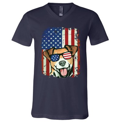 American Flag Jack Russell Terrier V-Neck T-Shirt