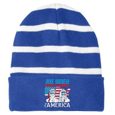 America Flag Joe Biden Kamala Harris Merica 4th Of July Cool Gift Striped Beanie with Solid Band