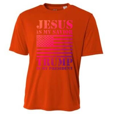 American Flag Jesus Is My Savior Trump Is My President Gift Cooling Performance Crew T-Shirt