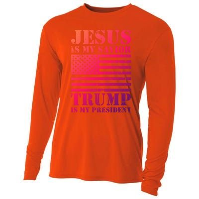 American Flag Jesus Is My Savior Trump Is My President Gift Cooling Performance Long Sleeve Crew